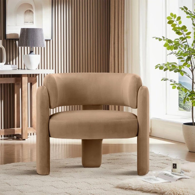 Comfynest Modern Velvet Accent Chair – 3-Leg Barrel Style Upholstered Chair with Foam Padding & Stain-Resistant Fabric (Khaki) - Image 2